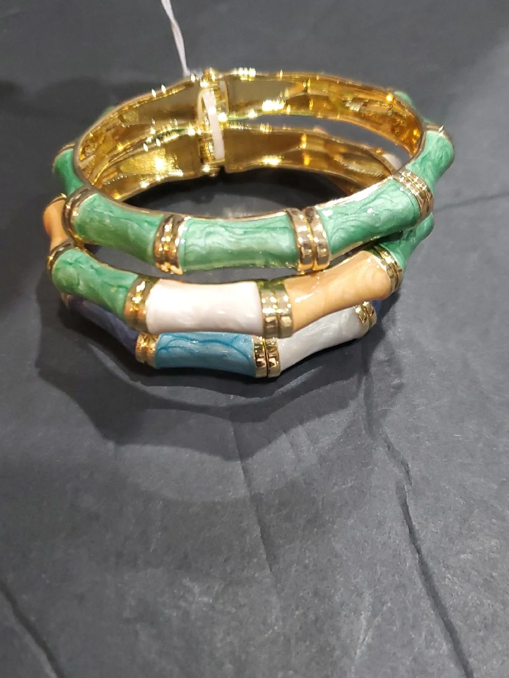 Natasha couture 3 piece stacked gold‎ tone enamel bamboo gemstone bangle set